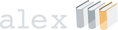 Logotyp Alex Författarlexikon som visar namnet Alex i vit text mot svart bakgrund följd av tre stiliserade böcker med grå och orange ryggar
